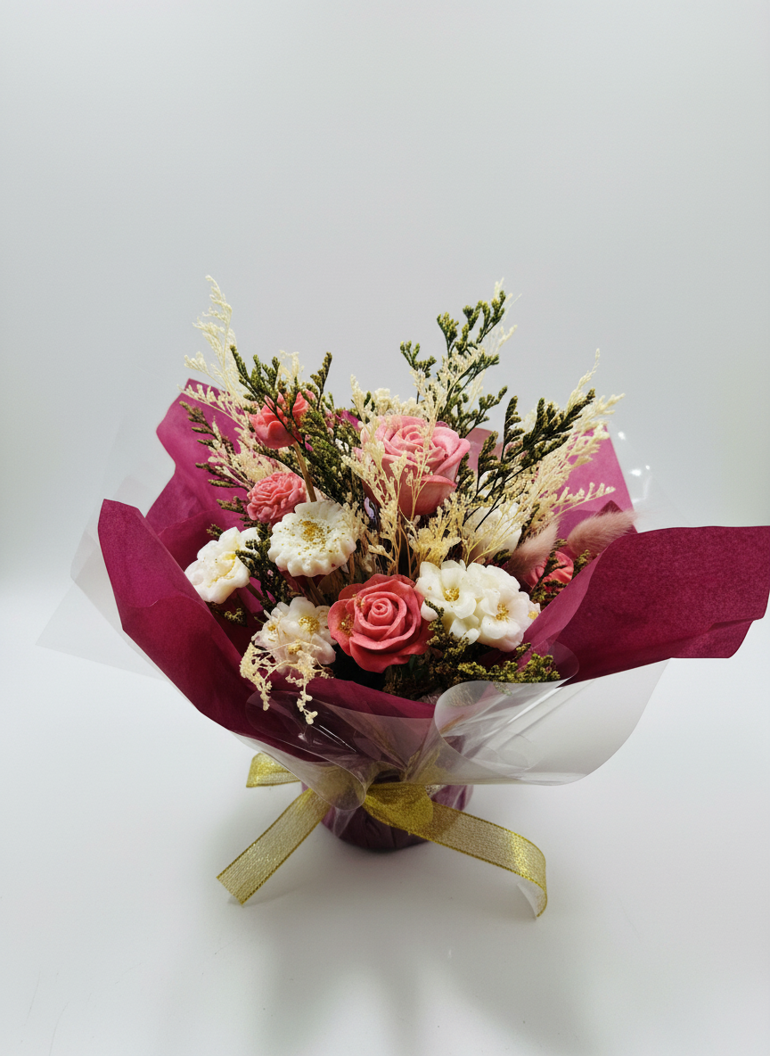 μπουκετο με λουλουδια απο αρωματικο κερι σογιας