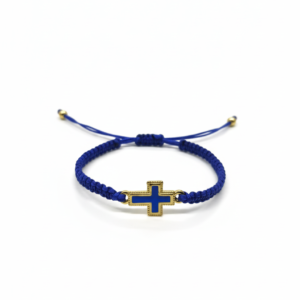 Χειροποίητο μπλε μακραμέ με μεταλλικό χρυσό στοιχείο σε σχήμα σταυρού με μπλε την εσωτερική πλευρά του