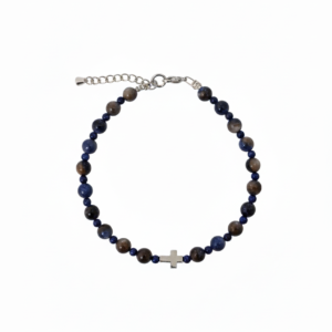 Χειροποίητο βραχιόλι από χάντρες σε μπλε και καφέ απόχρωση και σταυρό από αιματίτη στο κέντρο