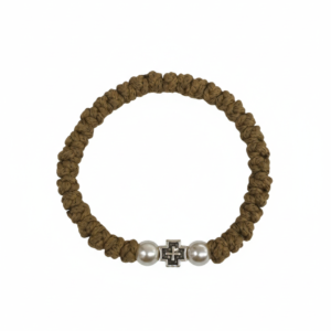 Κομποσχοίνι Καφέ με Μεταλλικό Σταυρό & Λευκές Πέρλες