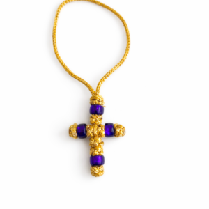 Χειροποίητο μπρελόκ χρυσό συνθετικό νήμα και μπλε χάντρες